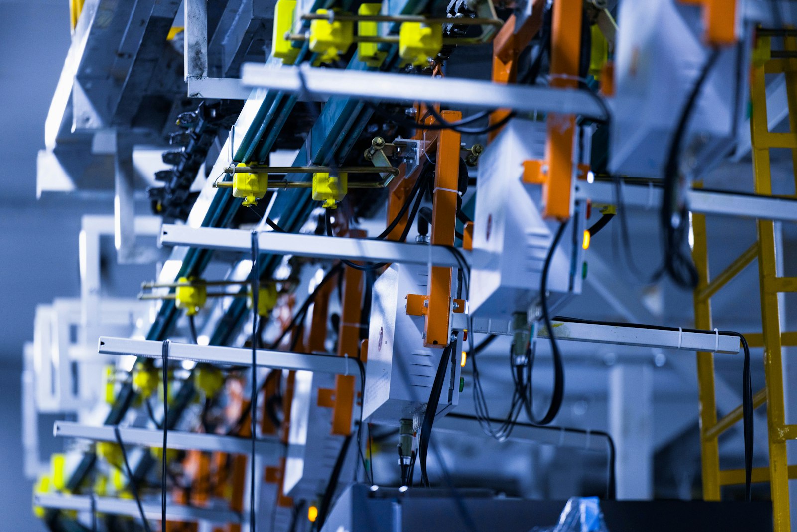 Industrial test setup with sensors and cabling